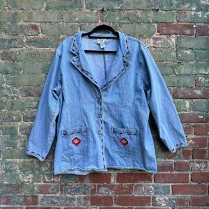 Vintage 90s Denim Blazer Women's Plus Size 1X Cervelle Embroidered Western‎
